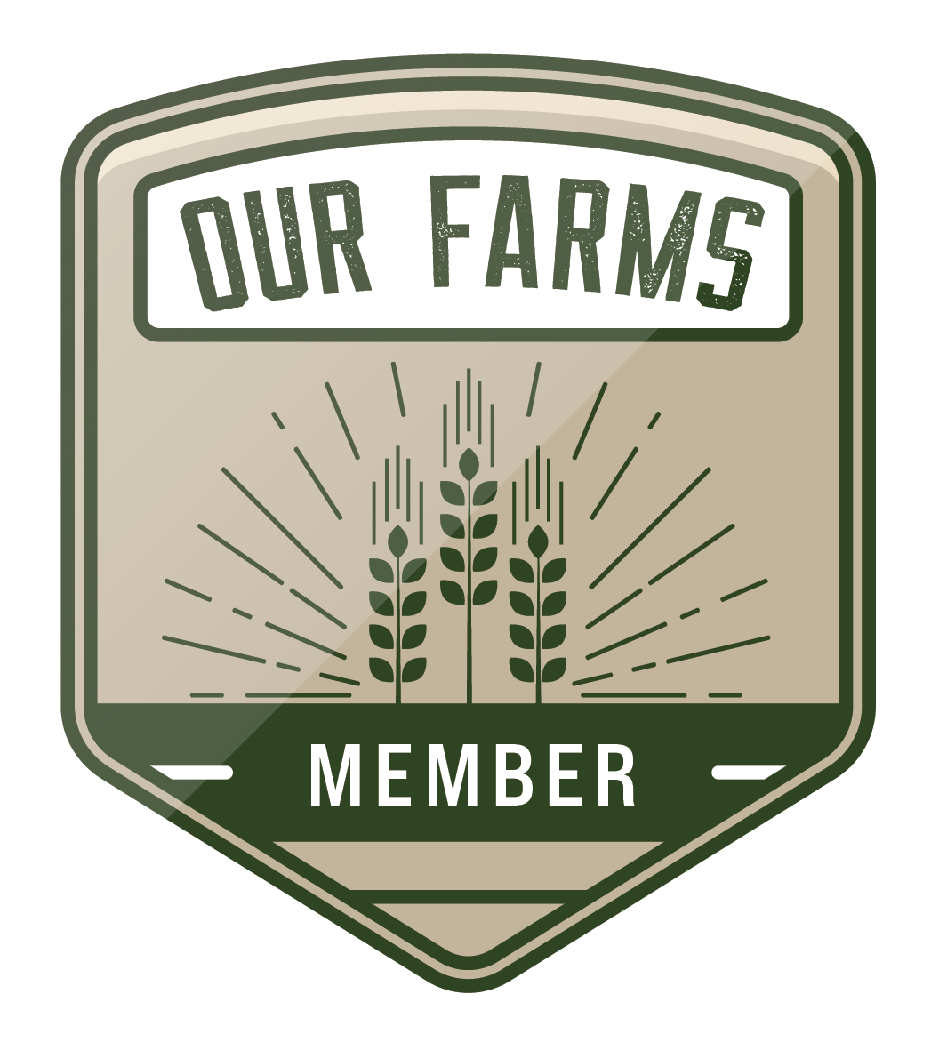 Membership badge for "Our Farms" featuring wheat stalks and rays of light, emphasizing community and agriculture.