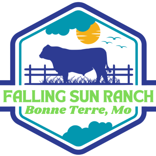 Logo of Falling Sun Ranch located in Bonne Terre, Missouri, featuring a silhouette of a cow, a stylized sun, and a fence, all within a hexagonal design.